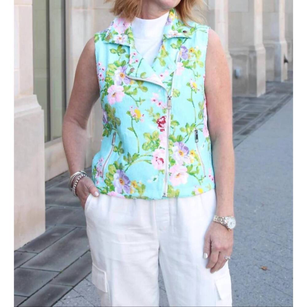 NEW BEREK palm springs floral sequin vest in blue muti